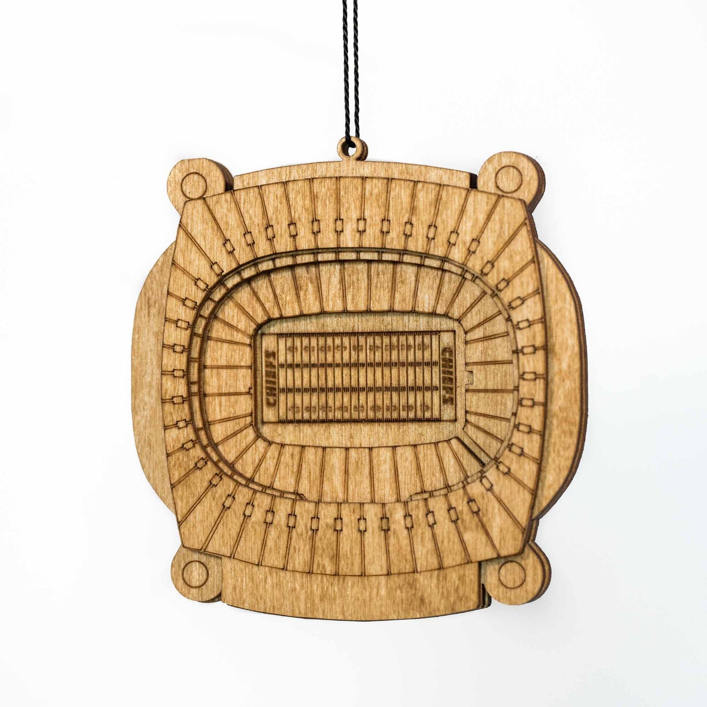 3D wooden hanging ornament of Arrowhead Stadium in Kansas City, Missouri, featuring detailed stadium design, perfect for holiday decorations