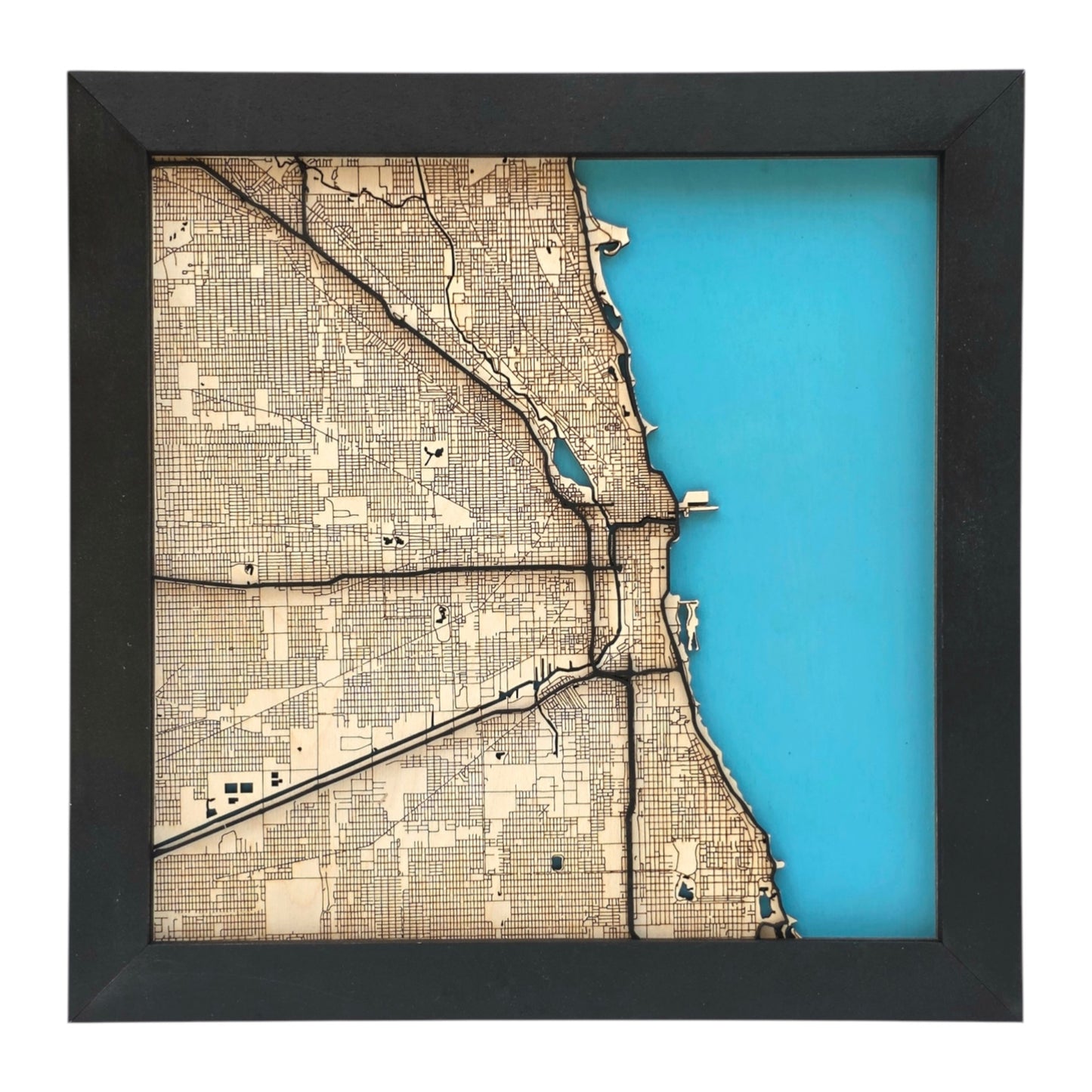 Chicago Wood Map Wall Art Framed Lake Michigan Decor Illinois
