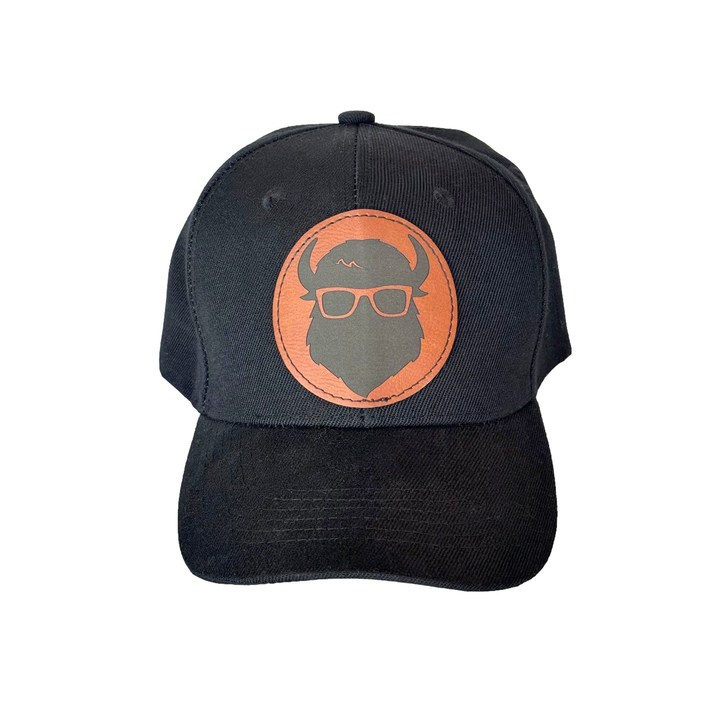 Angled shot of the black velcro hat highlighting The Curious Bison logo and stitching.