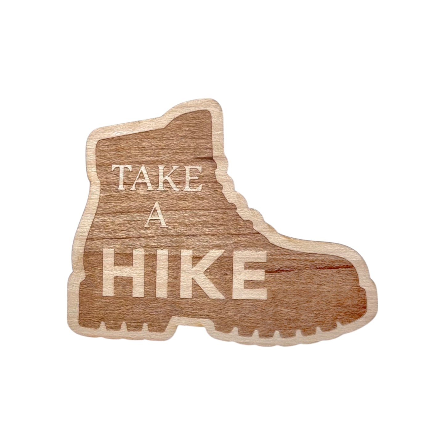 Laser-cut wood sticker shaped like a hiking boot with the phrase “Take a Hike,” shown on a white background