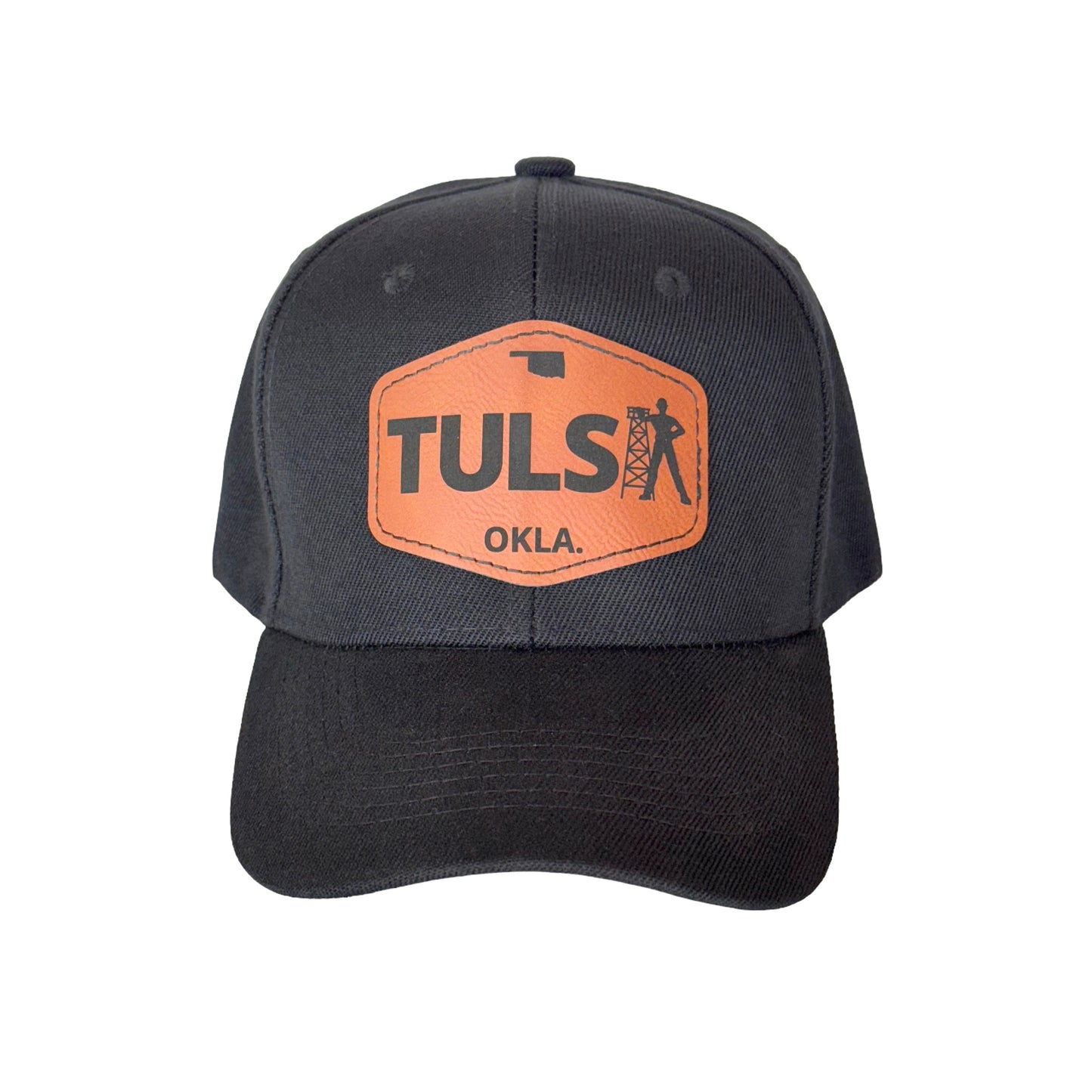 Black velcro hat with a leather patch that says “TULSA,” with the “A” creatively replaced by the Golden Driller.