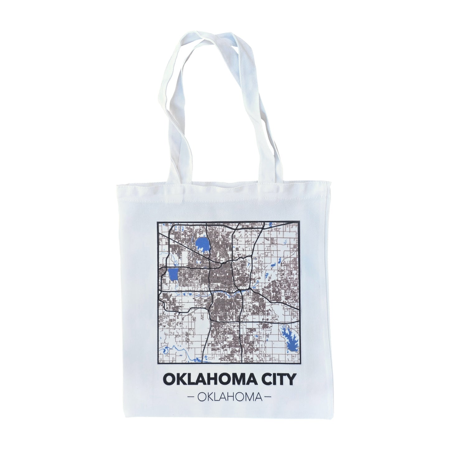White Oklahoma City map tote bag featuring modern OKC map print with lakes and highways, reusable and eco-friendly shopping bag.