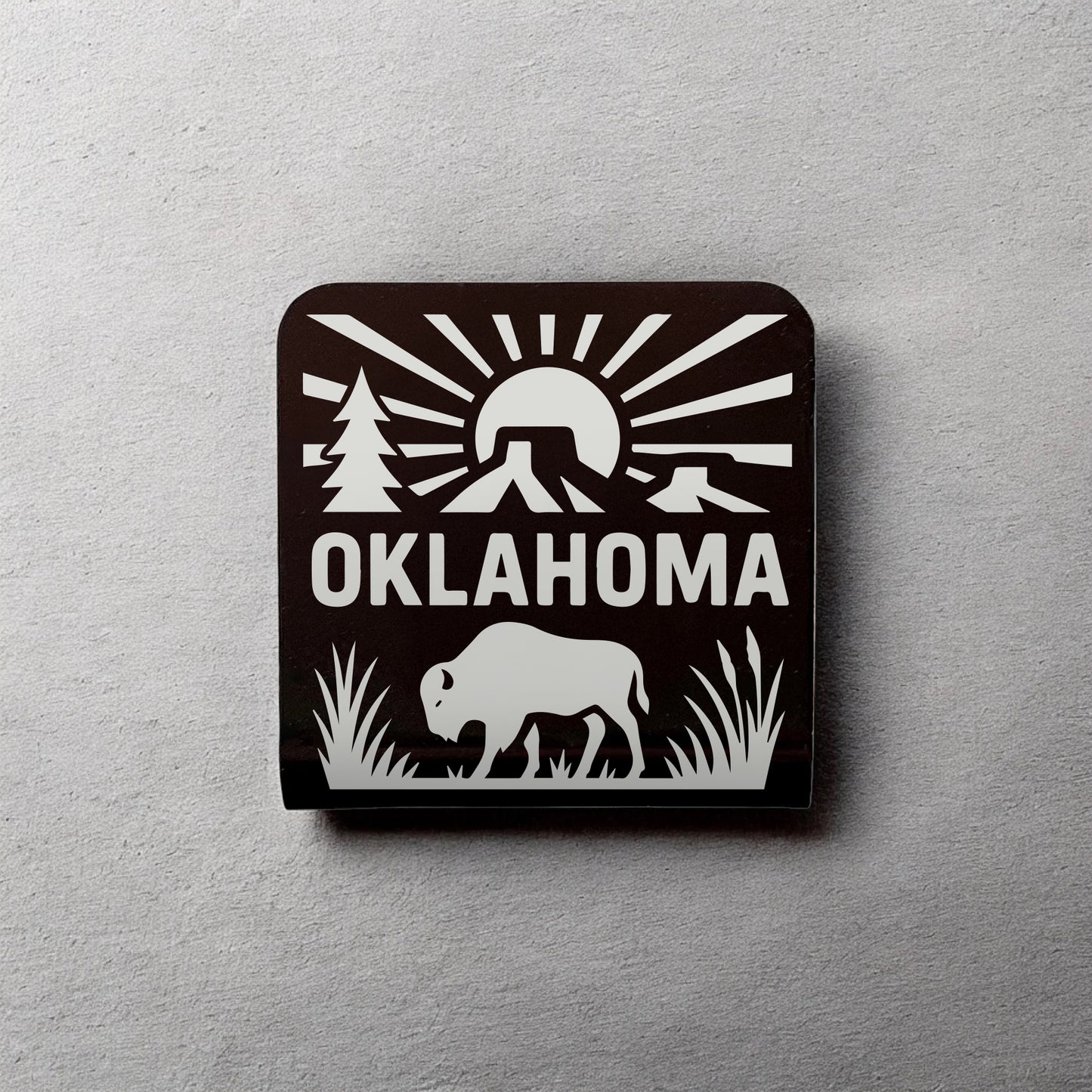 Oklahoma adventure bison aluminum hat clip displayed on wall showing outdoor inspired bison design, Oklahoma state pride accessory