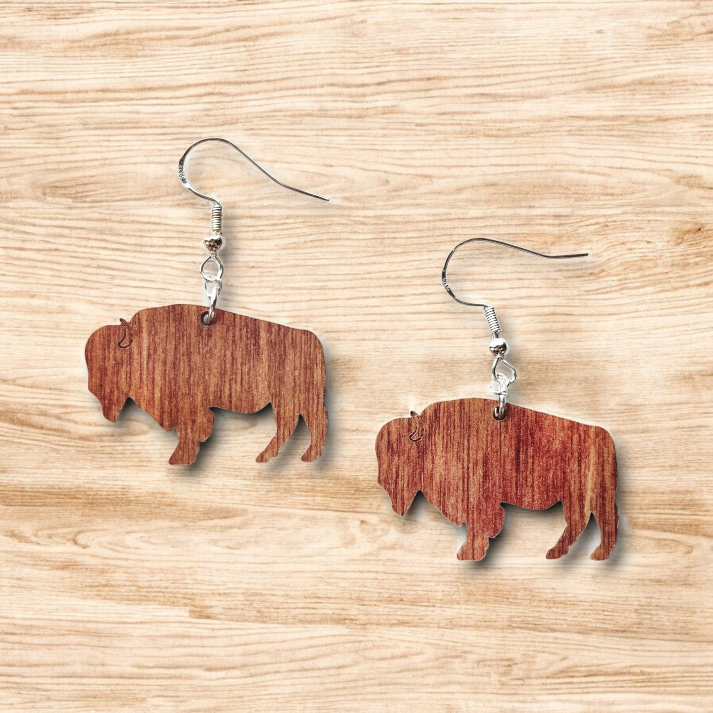 Oklahoma bison wooden earrings made from laser cut wood, lightweight bison silhouette earrings with sterling silver fishhook ear wires for Oklahoma gift or souvenir