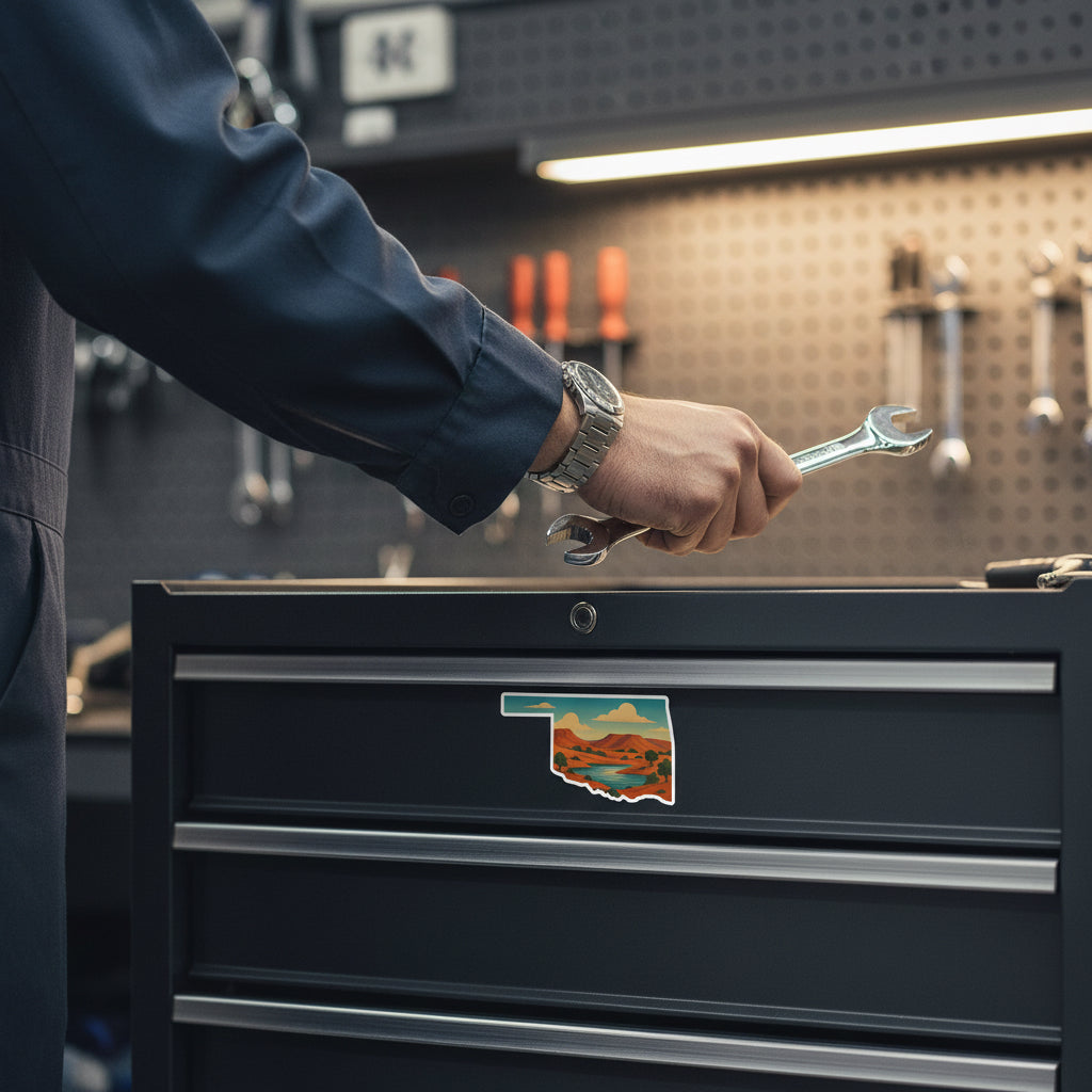 Oklahoma state Black Mesa Lake sticker applied to a dark metal toolbox drawer, western Oklahoma landscape decal used as a state pride and travel souvenir sticker