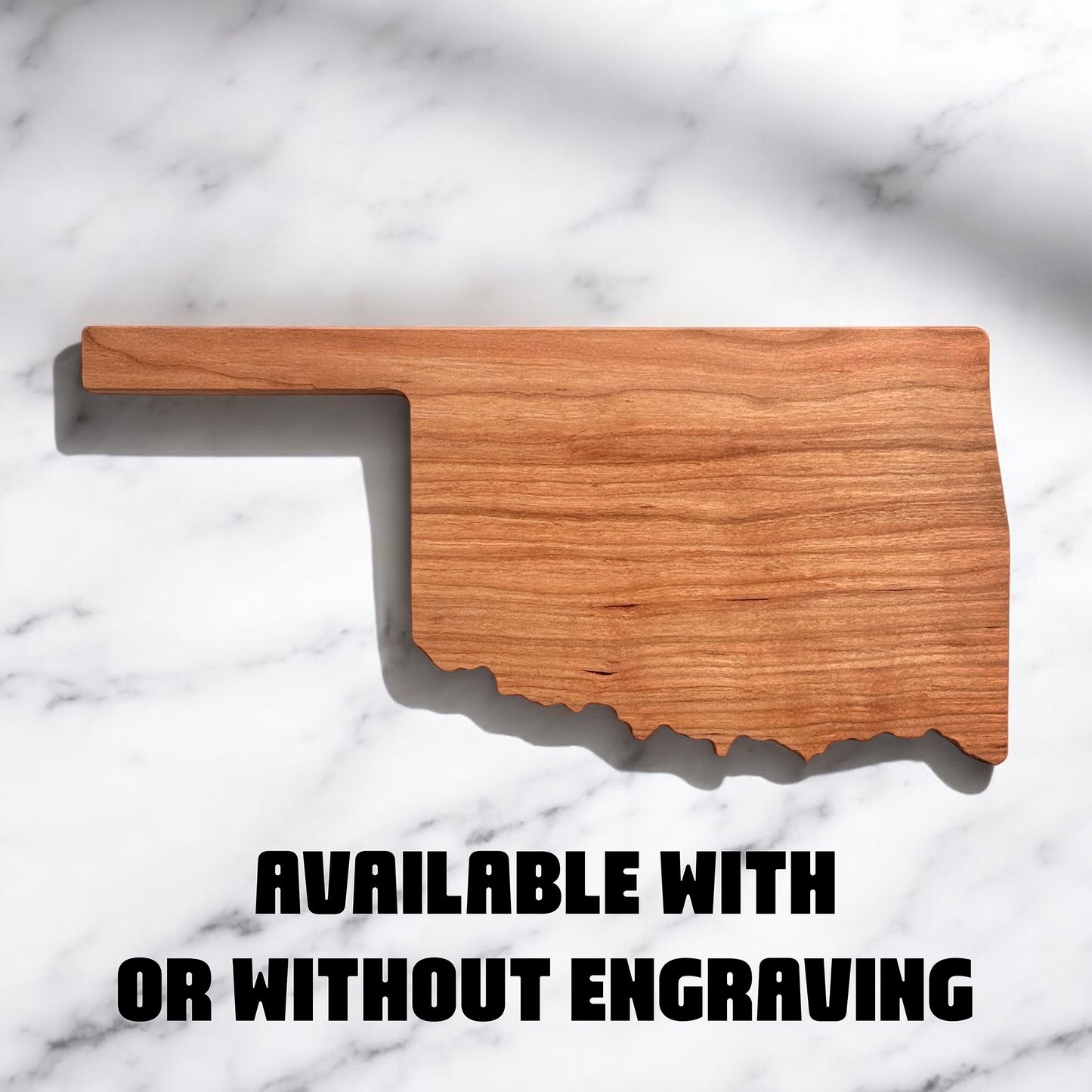 Oklahoma cherry wood charcuterie board shown with and without engraving to highlight options