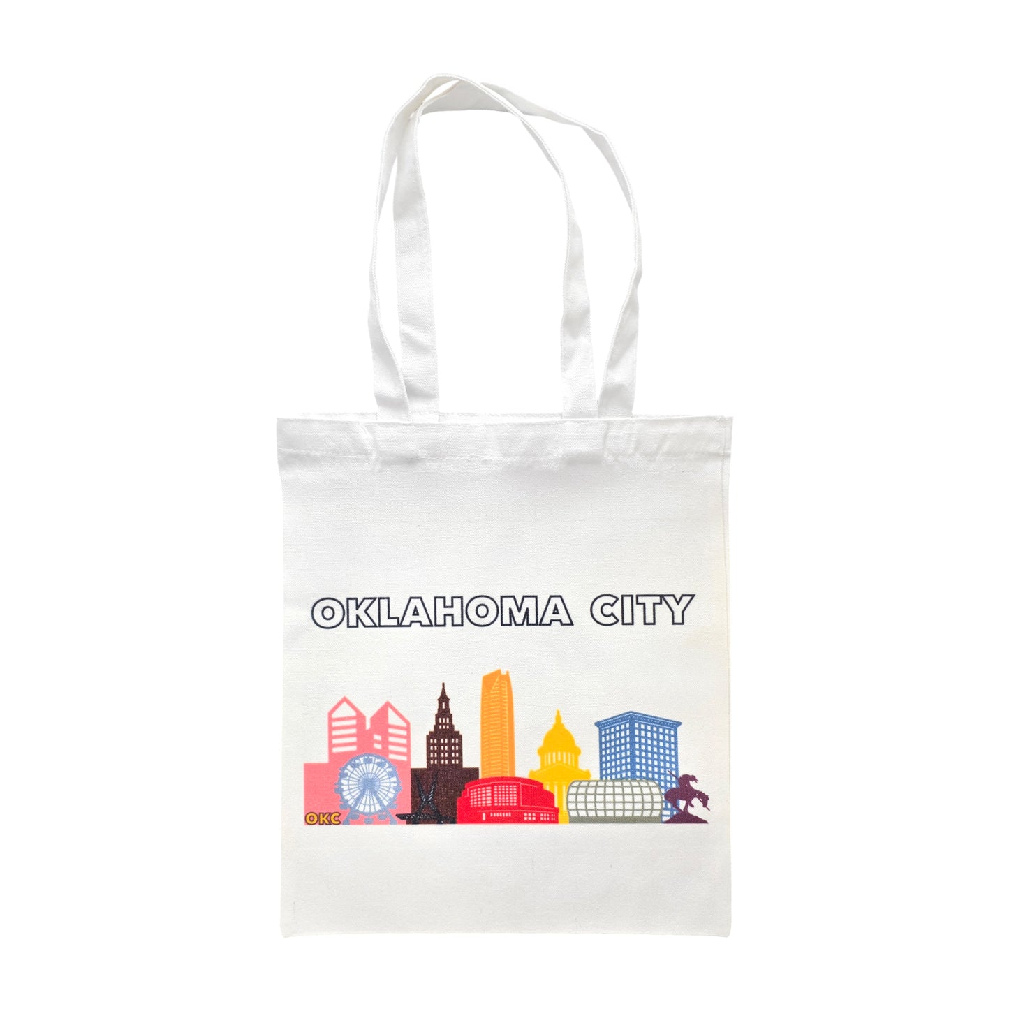Oklahoma City Pride small tote bag with rainbow OKC skyline, inclusive LGBTQIA themed Oklahoma gift.