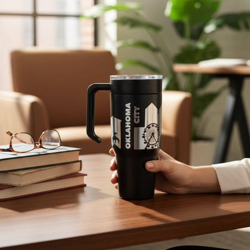 Black Oklahoma City skyline 30oz tumbler with handle held at desk with books and glasses, engraved stainless steel travel mug for everyday use