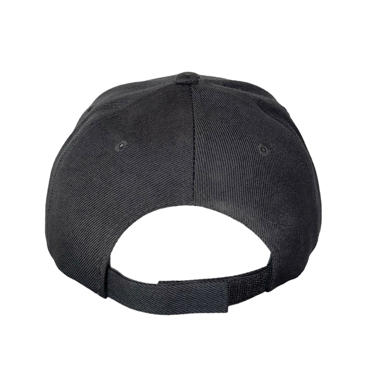 Rear view of black Oklahoma dad hat with fabric strap adjustment and heat pressed leatherette patch