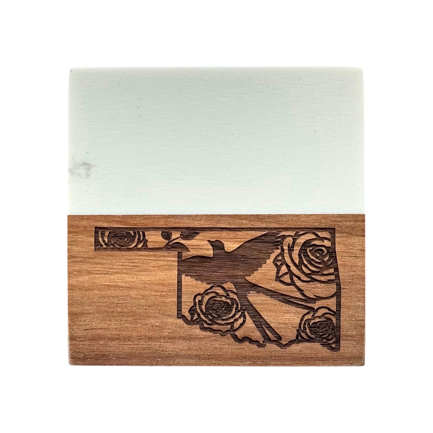 Close-up of Oklahoma-themed marble and acacia wood coaster featuring a laser-engraved Scissortail Flycatcher and rose design.