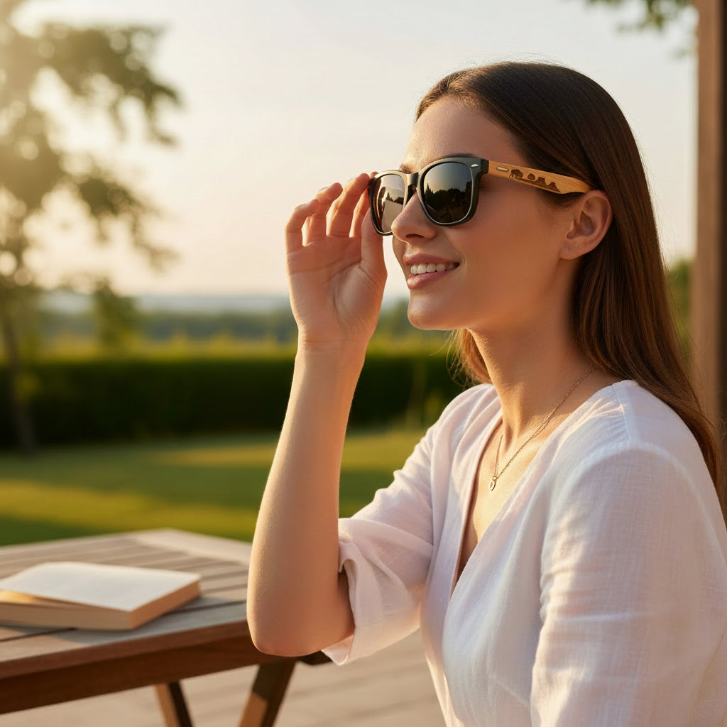 Woman wearing Oklahoma nature animals wood sunglasses outdoors at sunset, black frame sunglasses with engraved wooden arms featuring Oklahoma wildlife silhouettes, stylish Oklahoma gift and USA travel accessory for Route 66 visitors
