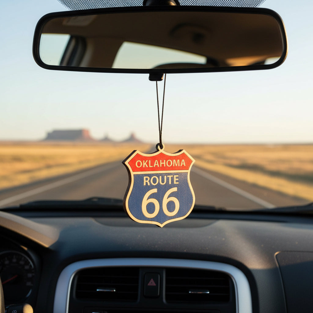 Wooden Oklahoma Route 66 shield car ornament hanging from rearview mirror, classic highway 66 road sign design in red and blue, lightweight auto accessory gift for Route 66 road trip travelers, Oklahoma souvenir collectors, and USA highway history fans