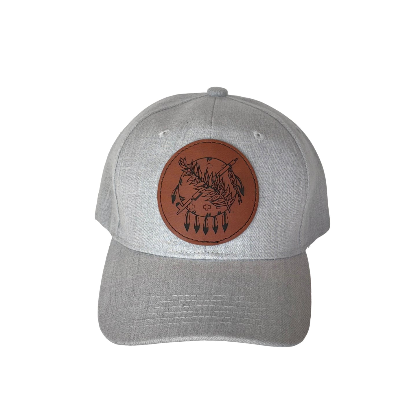Gray velcro hat featuring an Oklahoma symbol on a brown leather patch with adjustable strap