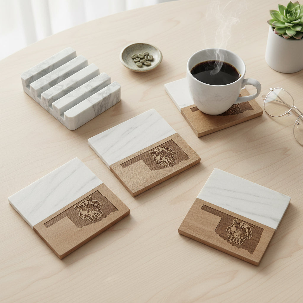 Four Oklahoma symbol marble and wood coasters arranged on light wood table with engraved Oklahoma state outline and symbol detail, 4 pack marble and wood coaster set for Oklahoma home decor gift or travel souvenir