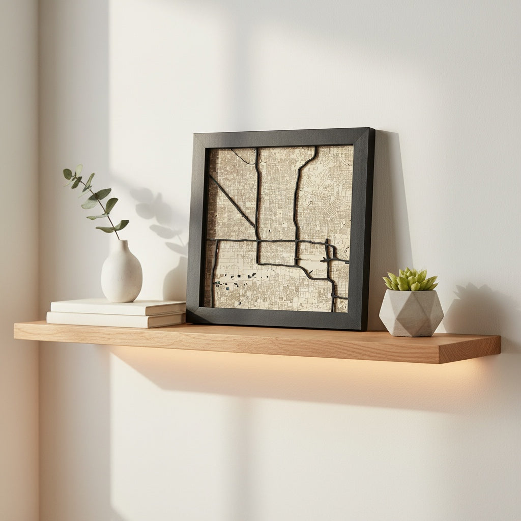 Phoenix Arizona wood map wall art framed and displayed on shelf with plant decor showing layered street design and modern home styling