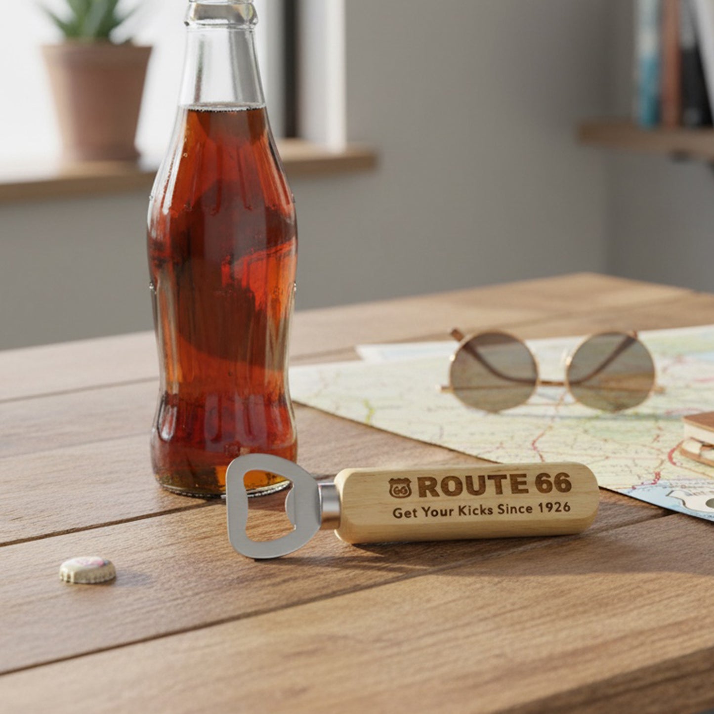 Route 66 wooden bottle opener displayed beside soda bottle sunglasses and road map, travel inspired Americana souvenir accessory for road trip lovers and Route 66 travelers