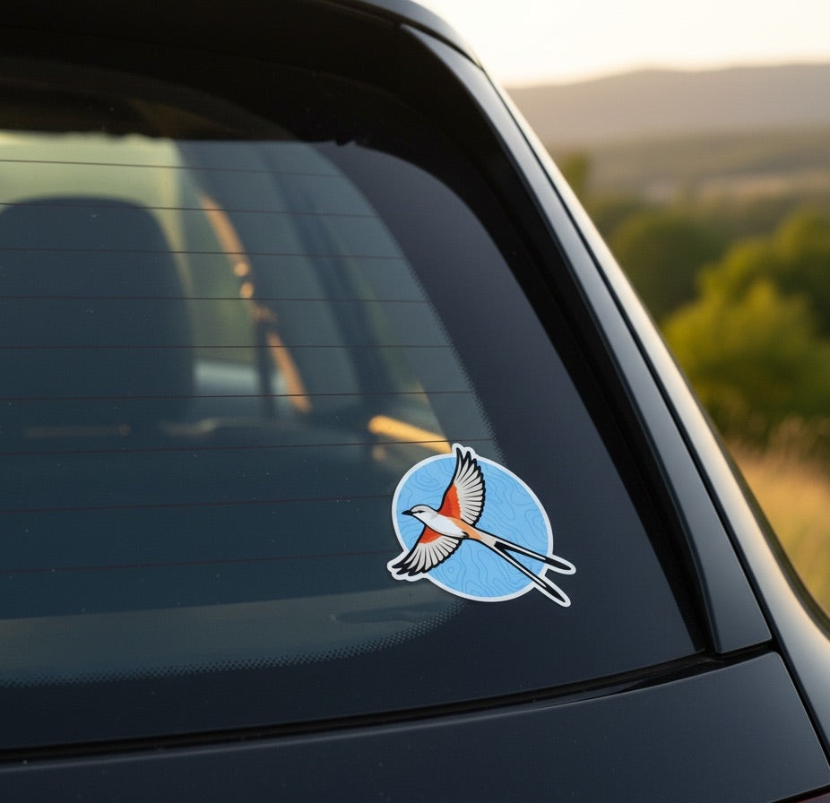 Oklahoma scissor-tailed flycatcher vinyl sticker displayed on a vehicle window, featuring the state bird in flight over a blue topographic map design
