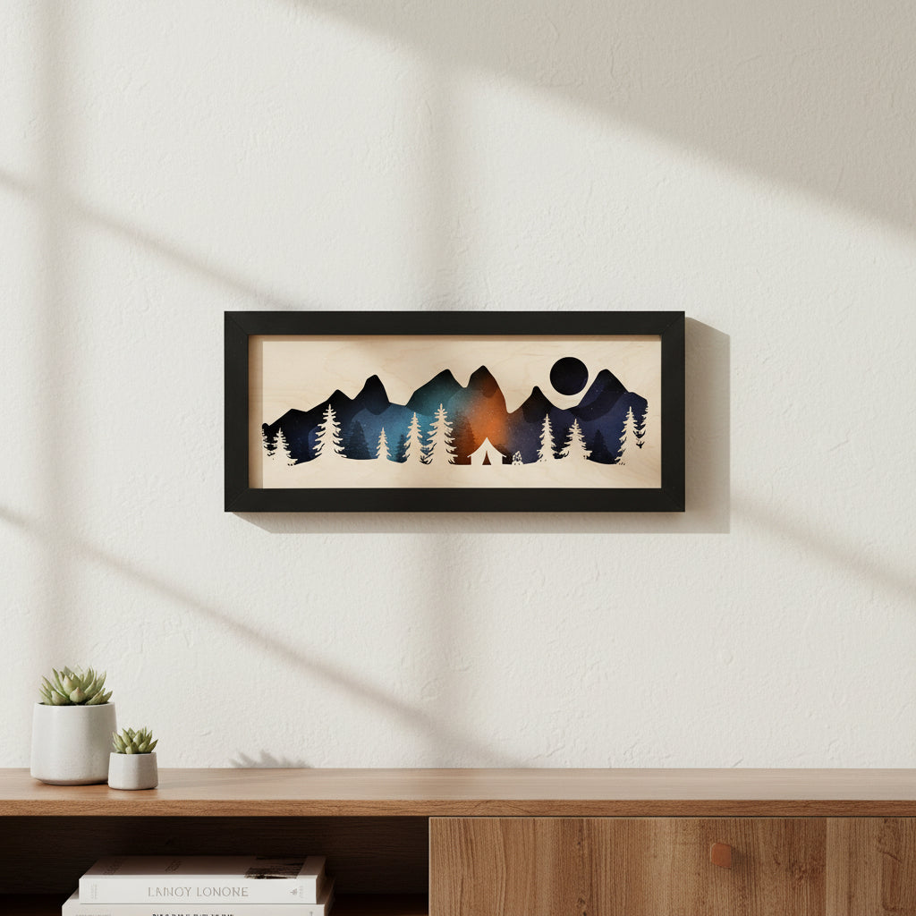 Framed layered wood camping wall art showing mountain range, pine trees, tent silhouette, and colorful night sky scene hanging on textured wall, outdoor inspired decor gift for campers, hikers, and adventure travel enthusiasts