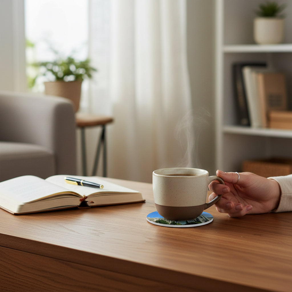 Tulsa Boston Avenue photo ceramic coaster on wood table with steaming coffee mug and open notebook, round city landmark drink coaster featuring Boston Avenue church image, home decor gift for Tulsa locals, Oklahoma architecture fans, and USA city souvenir shoppers