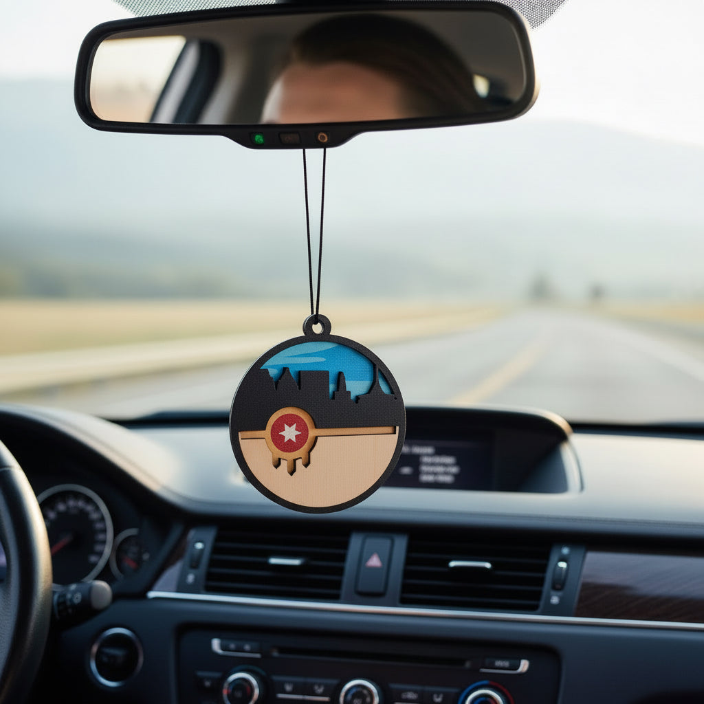 Round wooden Tulsa flag skyline car ornament hanging from rearview mirror, layered design featuring Tulsa skyline silhouette with city flag emblem detail, lightweight auto accessory gift for Tulsa locals, Oklahoma road trips, and Route 66 souvenir collectors