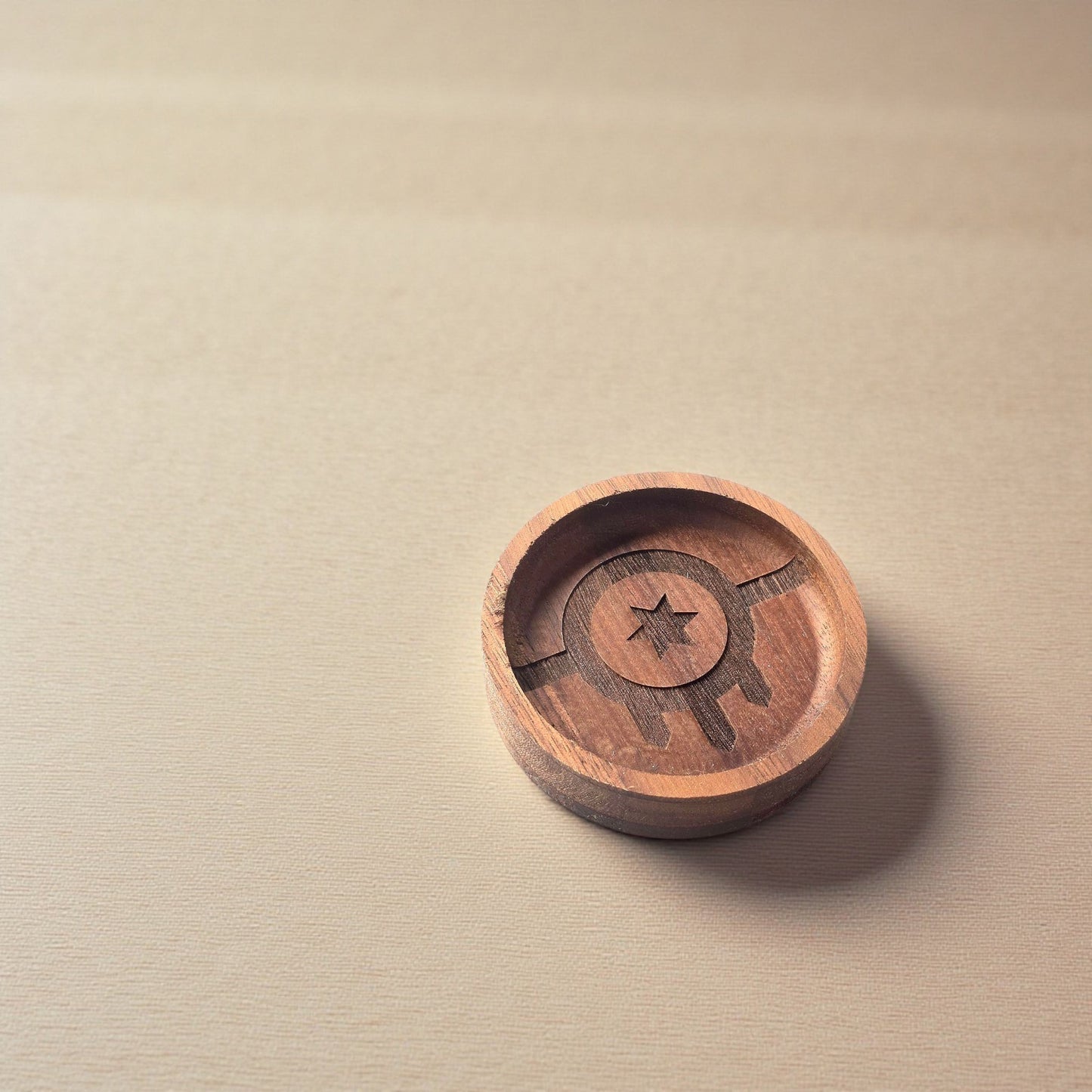 Tulsa flag walnut ring tray styled on a tabletop, engraved wooden dish used as a Tulsa themed ring holder or souvenir
