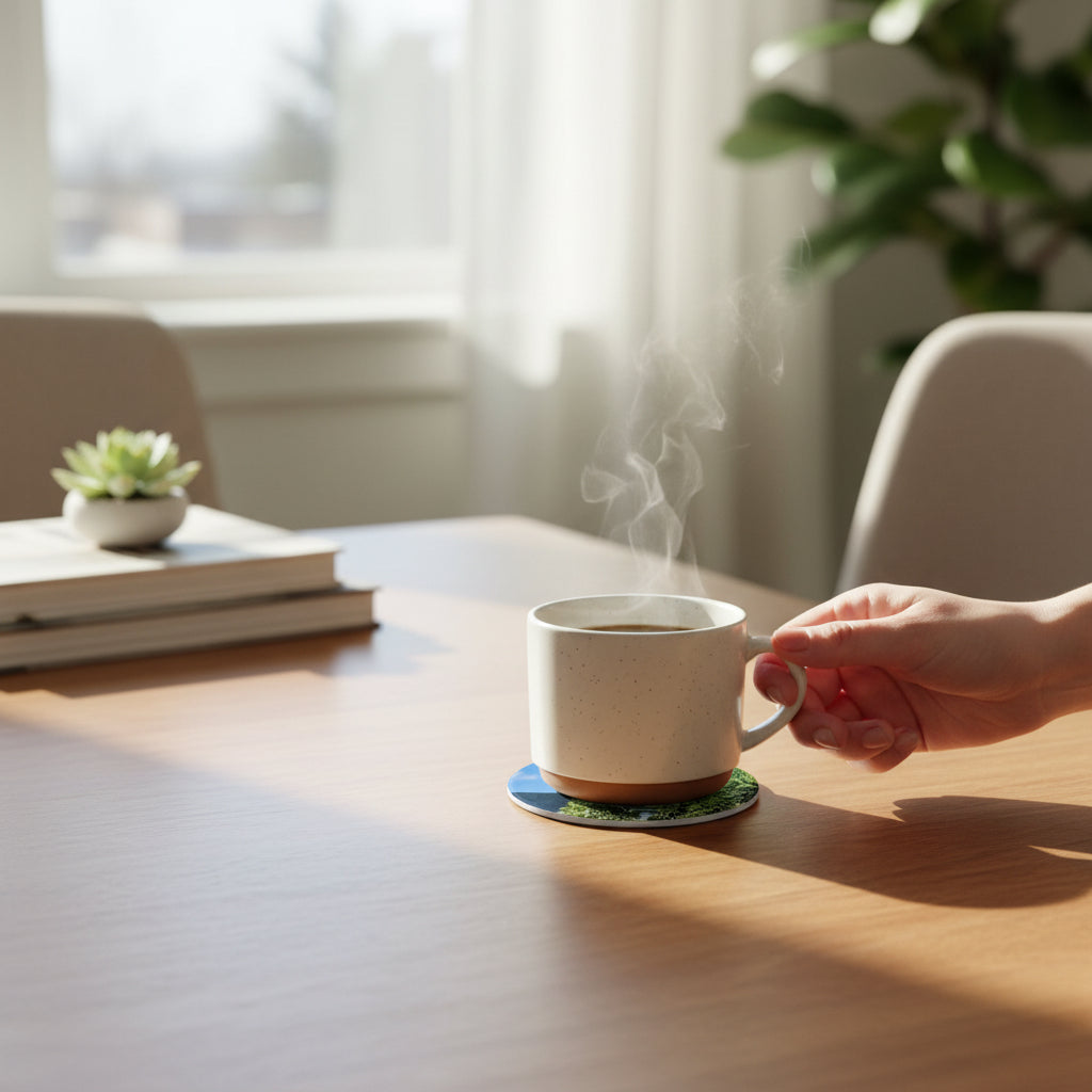 Tulsa Mayo Hotel photo ceramic coaster on wood table with steaming coffee mug, round city landmark drink coaster featuring historic Mayo Hotel image, home decor gift for Tulsa locals, Oklahoma architecture fans, and USA travel souvenir shoppers