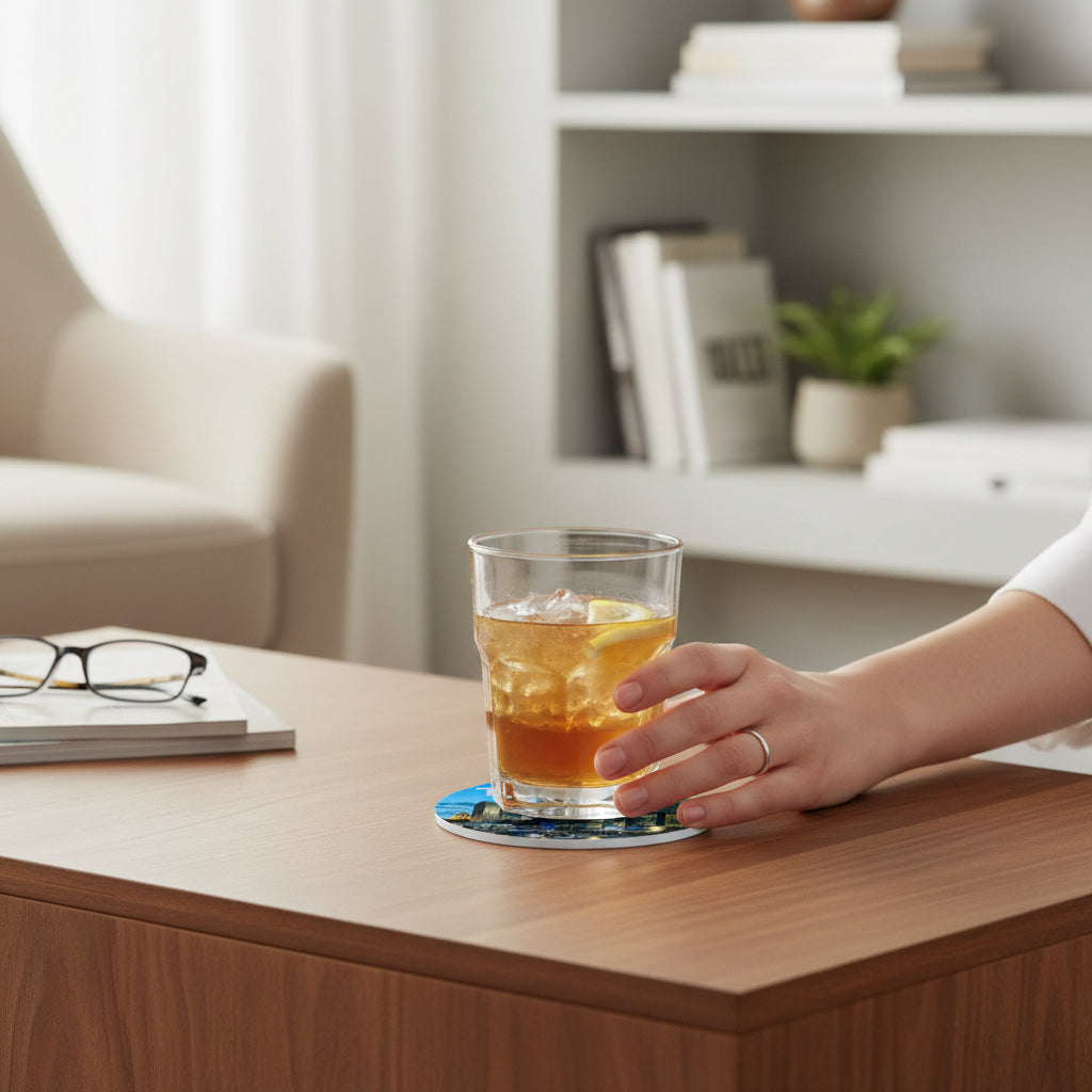 Tulsa night skyline photo ceramic coaster on wooden side table with iced drink and lemon slice, round city skyline drink coaster featuring downtown Tulsa at night, modern home decor gift for Tulsa locals, Oklahoma housewarming, and USA city souvenir shoppers