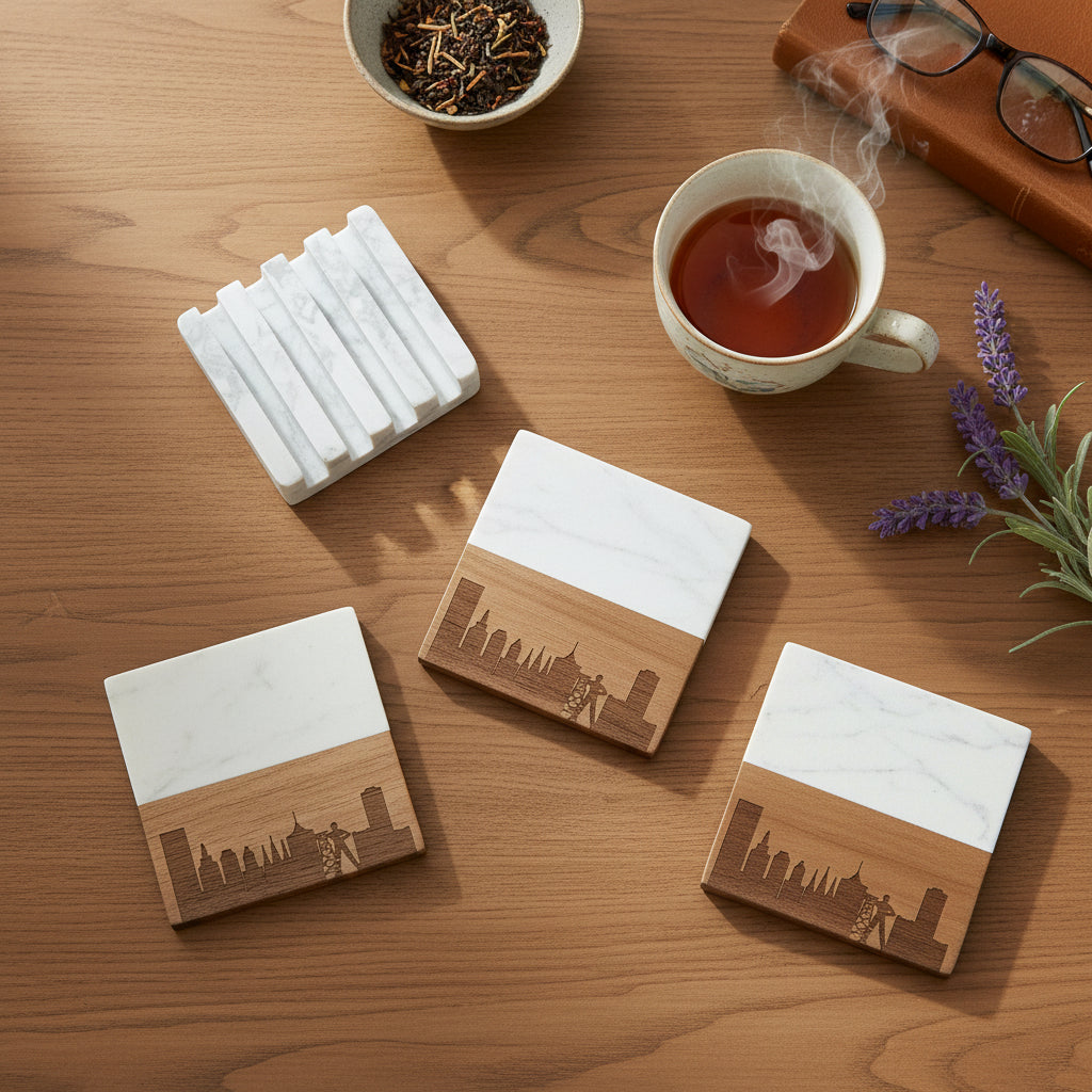 Set of four Tulsa skyline marble and wood coasters arranged on wooden table, laser engraved Tulsa skyline design with Golden Driller detail, marble and acacia wood coaster set for Tulsa home decor gift or Oklahoma souvenir