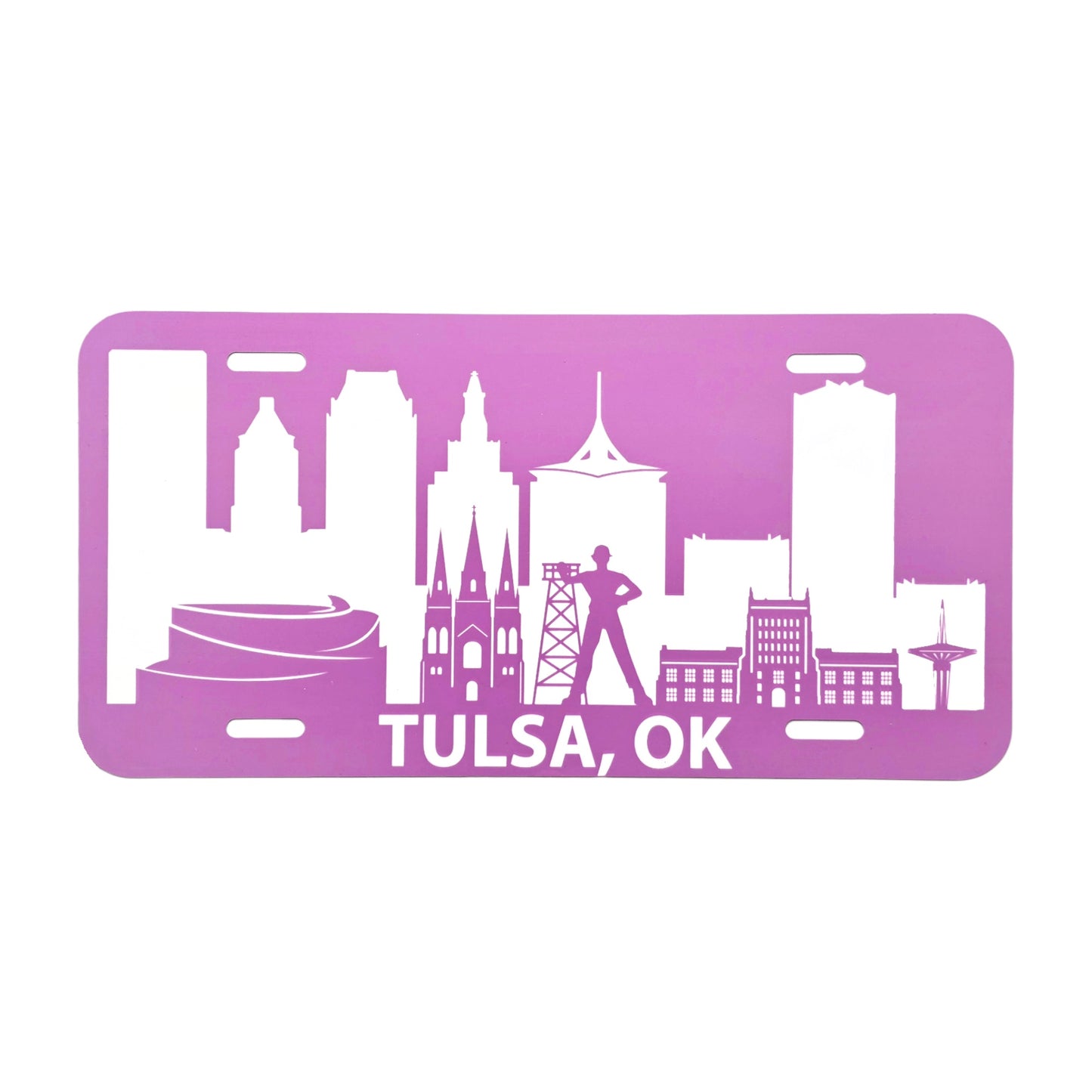 Front view of pink Tulsa Skyline vanity license plate featuring the Golden Driller and downtown skyline, Oklahoma gift by The Curious Bison.