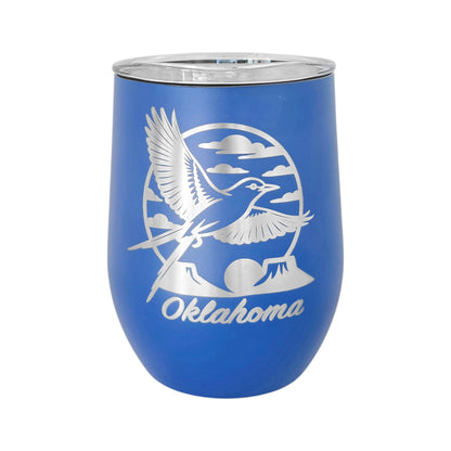 Blue 12oz wine tumbler with an etched Oklahoma scissortail flycatcher design on double-wall insulated stainless steel with a clear lid. This Oklahoma wine tumbler is commonly purchased as a souvenir or gift and works well for wine, cocktails, and everyday drinks.