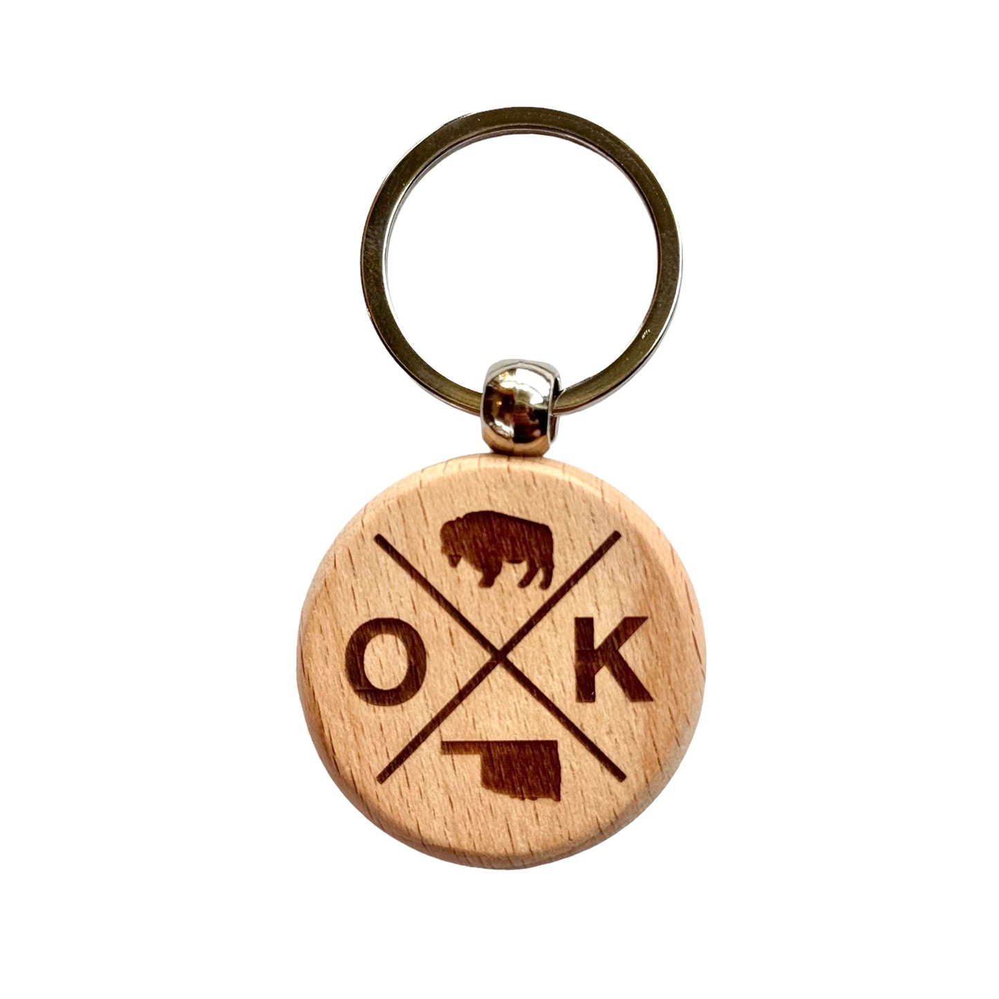 Round wooden keychain featuring a laser-engraved Oklahoma bison, state outline, and OK symbol design