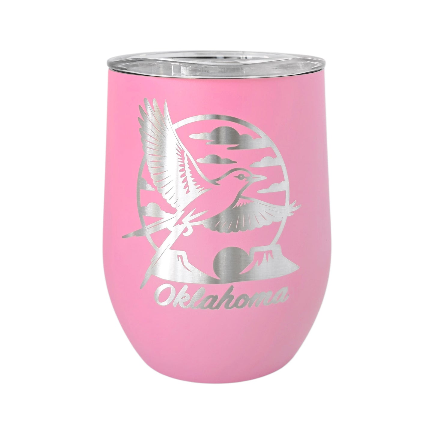 Pink 12oz wine tumbler featuring a laser-etched Oklahoma scissortail flycatcher design on insulated stainless steel drinkware. This Oklahoma themed wine tumbler is photographed on a white background and is a popular gift choice for state pride, Route 66 travelers, and visitors shopping for practical Oklahoma souvenirs.
