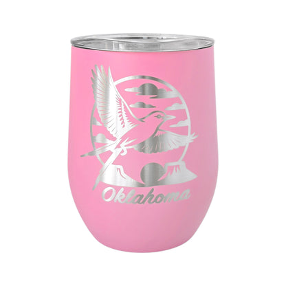 Pink 12oz wine tumbler featuring a laser-etched Oklahoma scissortail flycatcher design on insulated stainless steel drinkware. This Oklahoma themed wine tumbler is photographed on a white background and is a popular gift choice for state pride, Route 66 travelers, and visitors shopping for practical Oklahoma souvenirs.