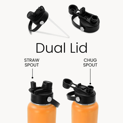 Dual lid options for 32oz insulated water bottle showing straw spout and chug spout configuration