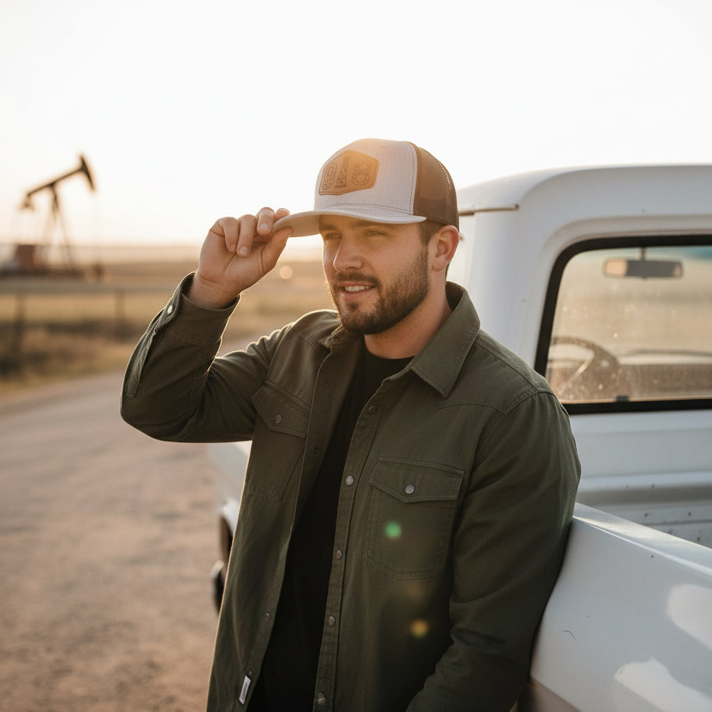 Lifestyle photo of person wearing 918 Tulsa oil derrick trucker hat outdoors, Oklahoma area code hat with engraved leatherette patch