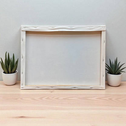 Back side of a stretched photo canvas frame with white fabric and visible staples, displayed on a light wood surface with two small potted succulent plants on each side.
