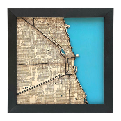 Chicago Wood Map Wall Art Framed Lake Michigan Decor Illinois