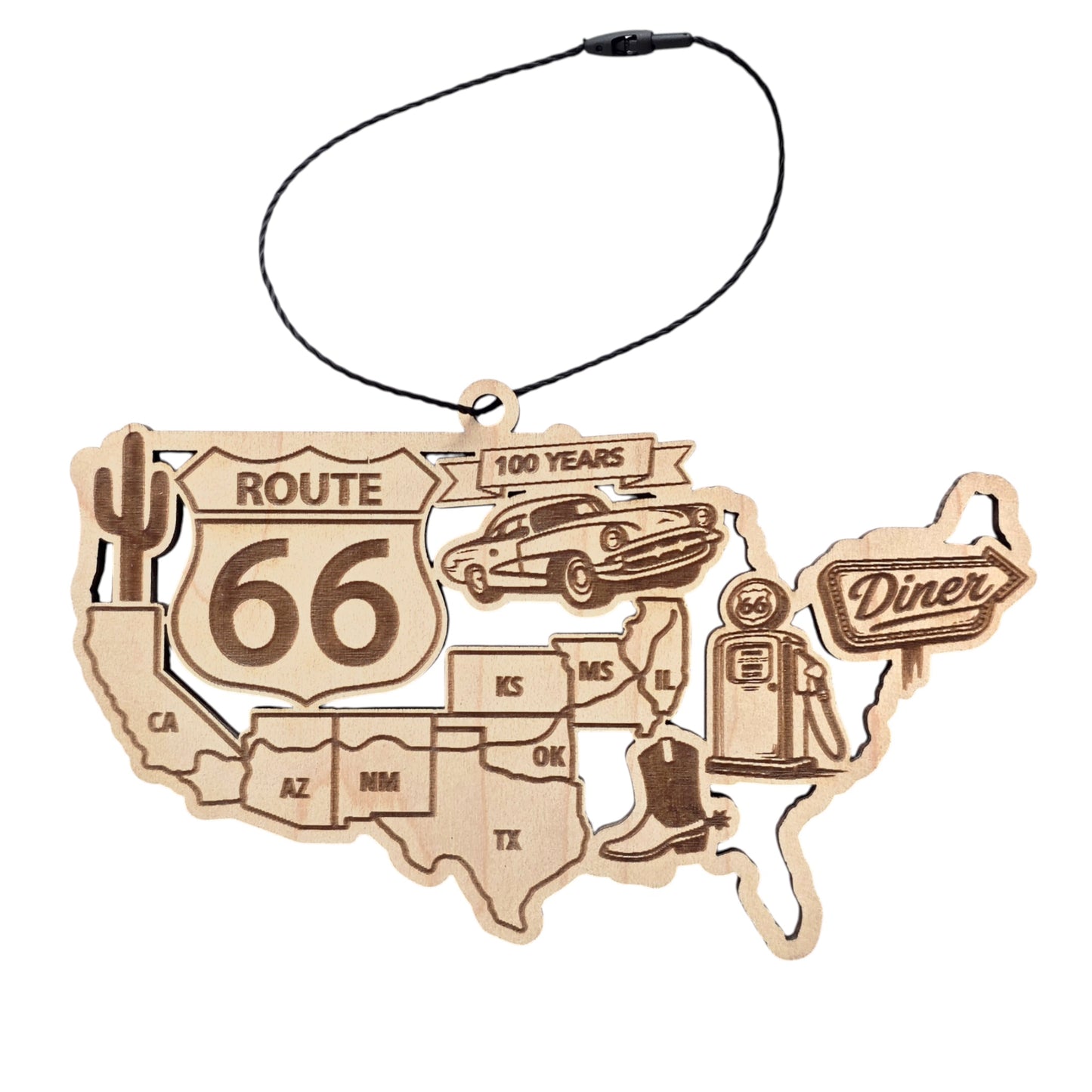 Alt text: Route 66 centennial wooden ornament shaped like the United States map with engraved Route 66 shield, vintage car, gas pump, cactus and diner sign, road trip souvenir ornament displayed on white background