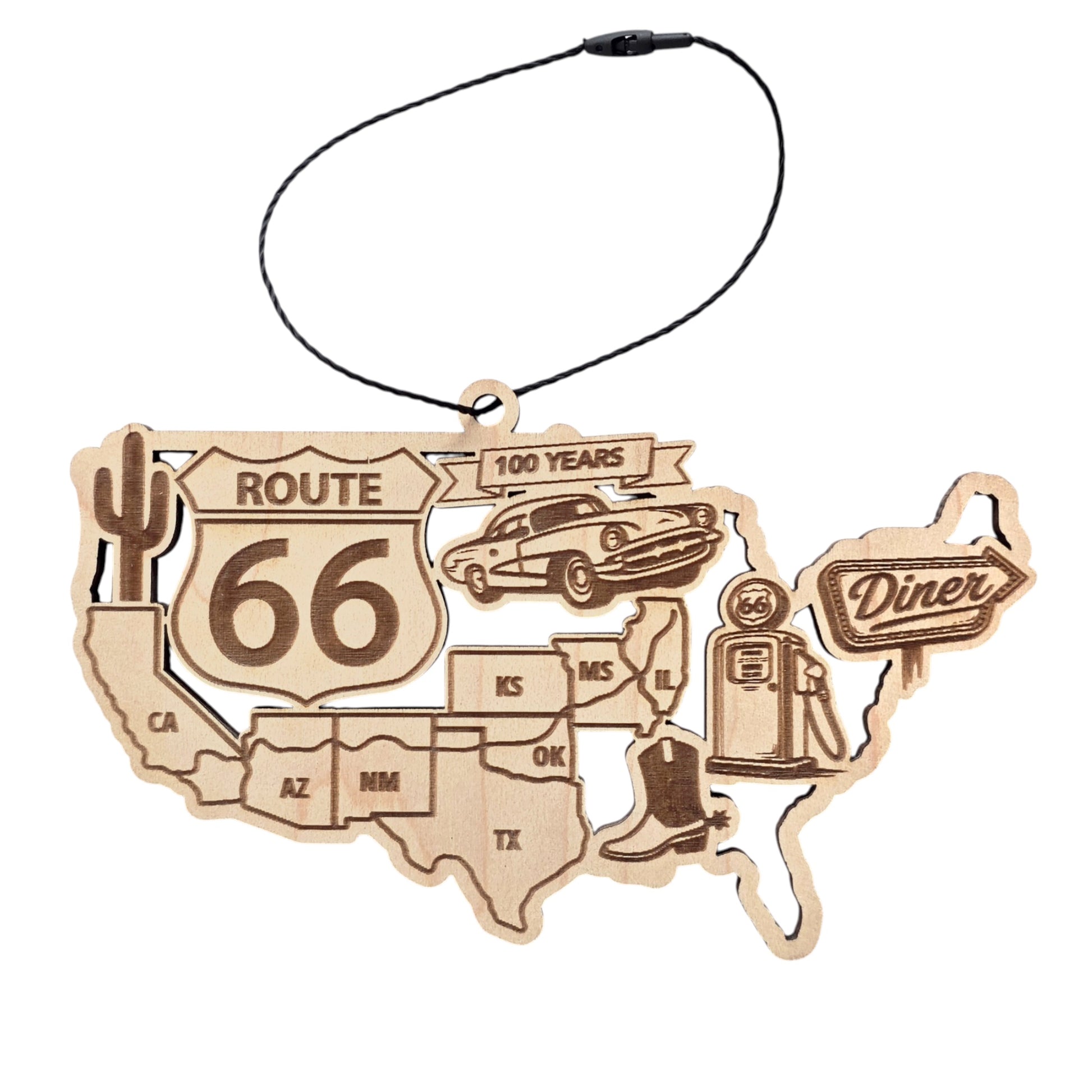 Alt text: Route 66 centennial wooden ornament shaped like the United States map with engraved Route 66 shield, vintage car, gas pump, cactus and diner sign, road trip souvenir ornament displayed on white background