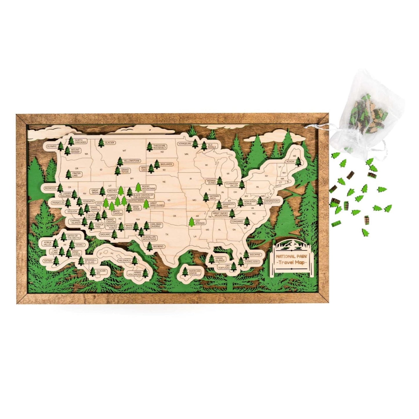 Wooden travel map of USA National Parks featuring detailed laser-cut design and green tree markers