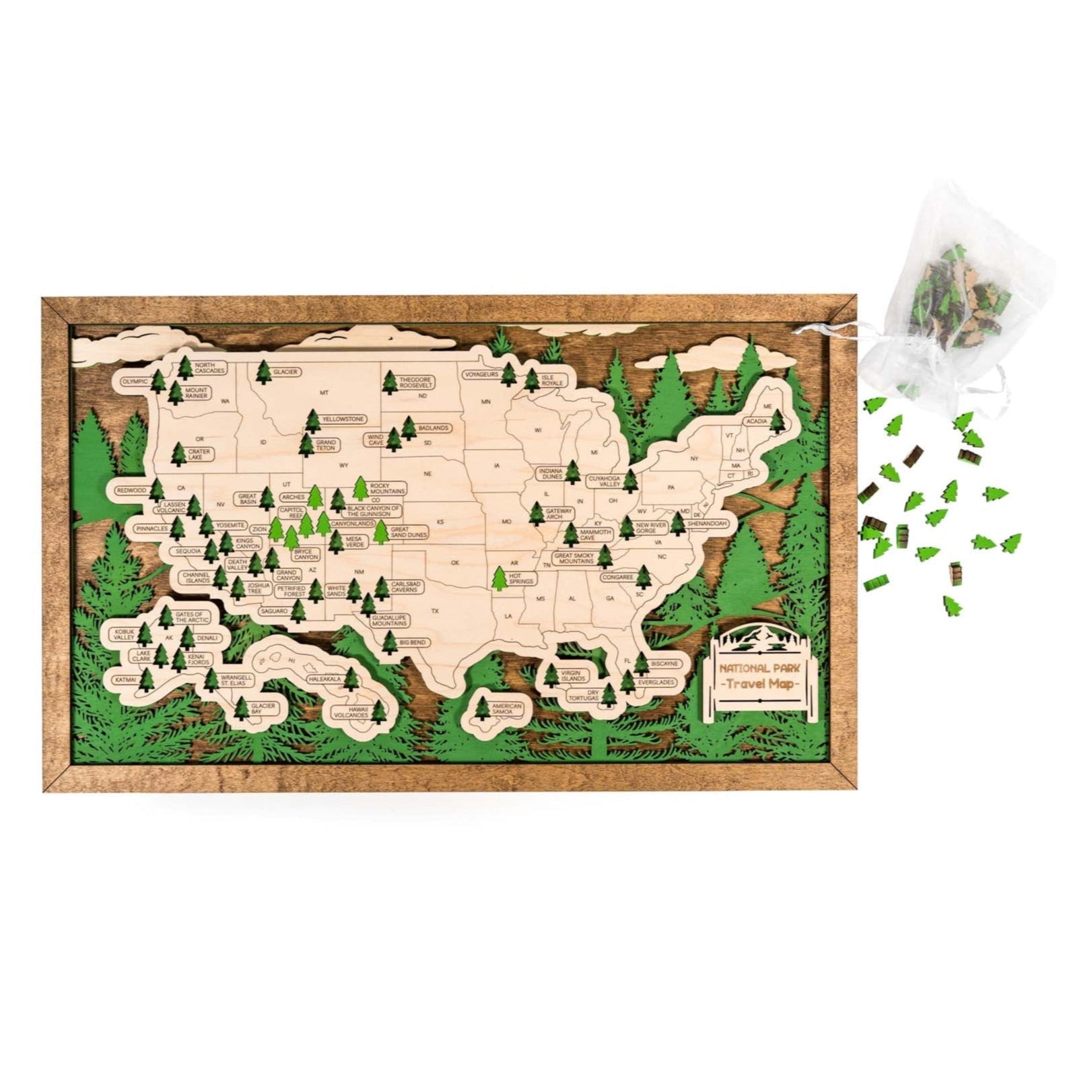 Wooden travel map of USA National Parks featuring detailed laser-cut design and green tree markers