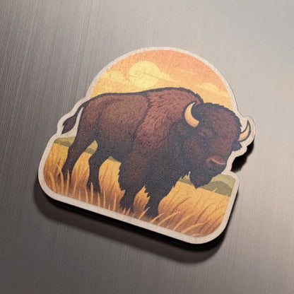 Angled view of maple bison magnet with bold silhouette and warm sunset printed on smooth wood surface against brushed metal