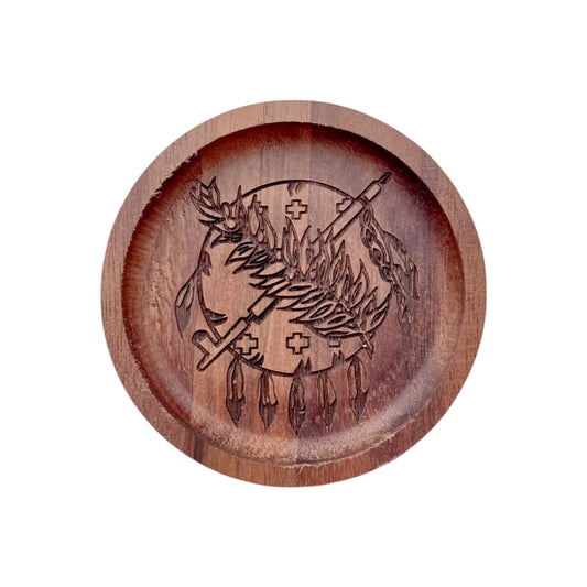 Small round walnut wood tray with laser-engraved Oklahoma state symbol, isolated on a white background