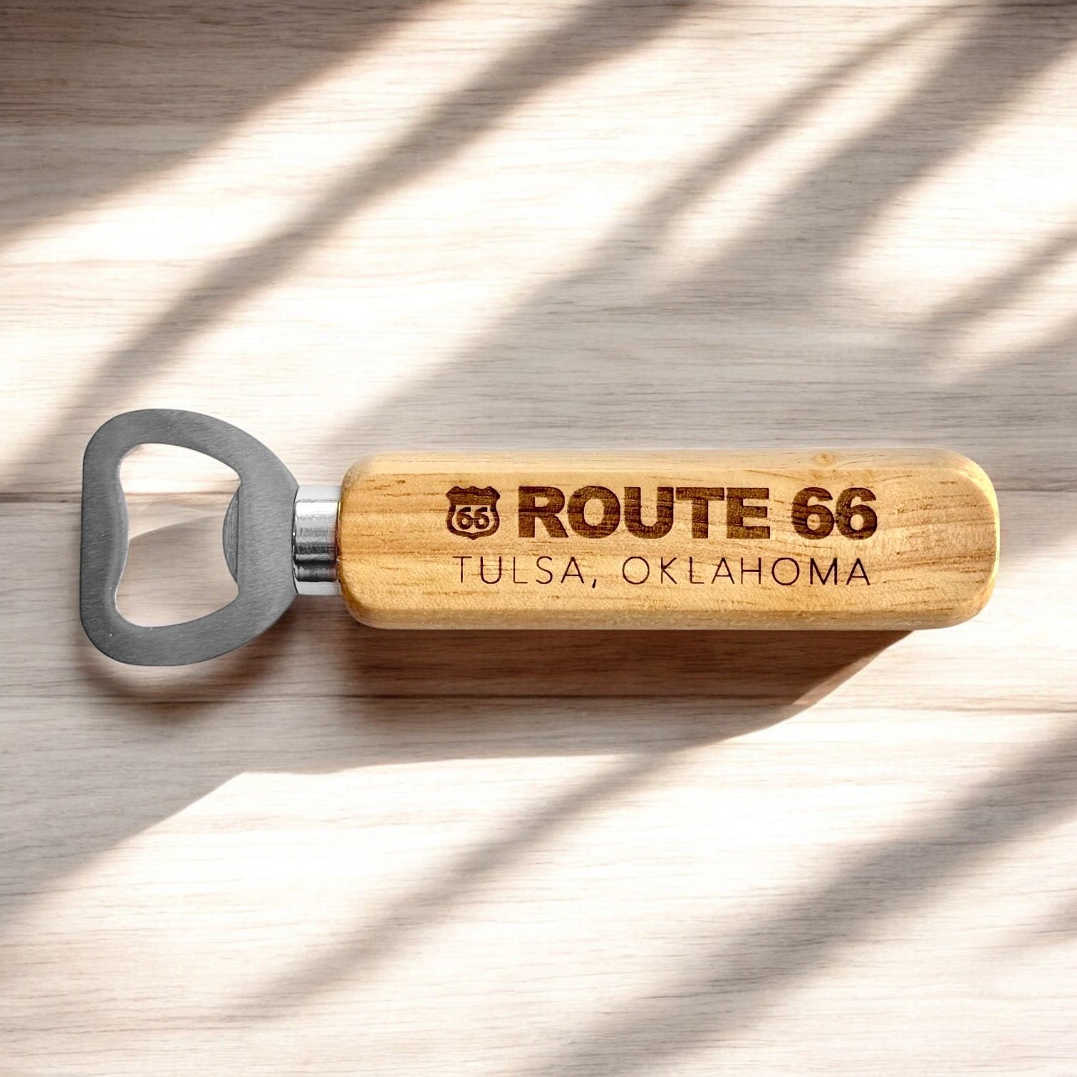 Bottle opener featuring the text Route 66 Tulsa, Oklahoma. Great for local souvenirs for the best gifts