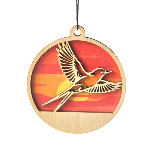 Wooden Scissortail Flycatcher sunset ornament hanging 