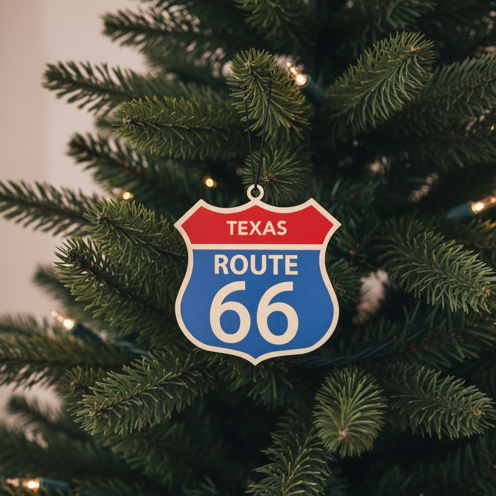 Texas Route 66 shield wood ornament hanging from a car rearview mirror with Texas oil field landscape in background, Americana road trip decor inspired by historic Route 66 travel