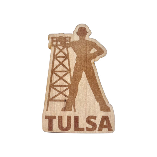 Laser-cut Tulsa Golden Driller wood sticker made from real wood veneer, showing oil derrick and worker figure, isolated on a white background