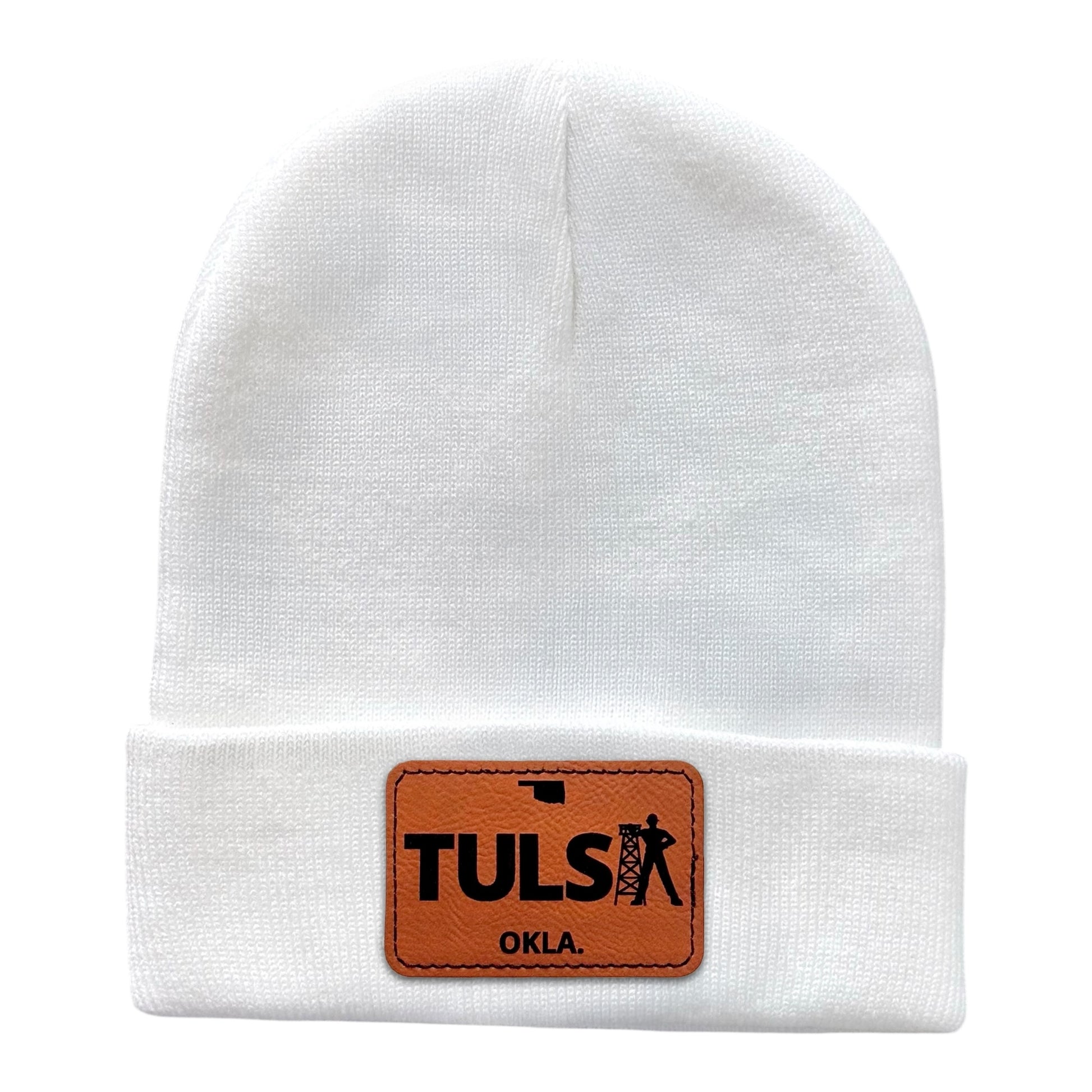 White knit beanie with Tulsa Oklahoma leatherette patch featuring driller design, unisex winter hat for Tulsa souvenir or everyday wear