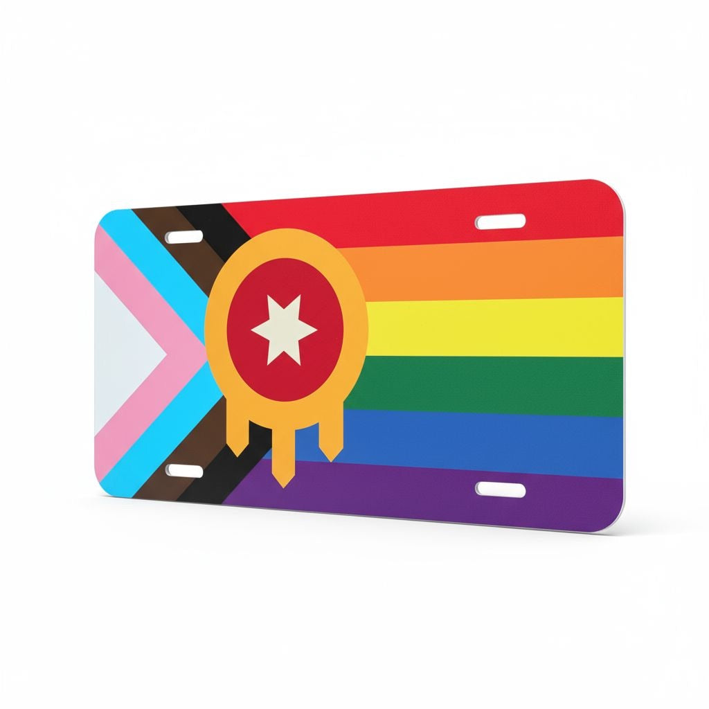 Side angle view of the Tulsa Pride vanity plate showing rainbow colors and Tulsa flag symbol.