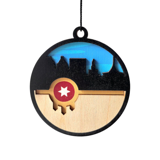 Wooden ornament with Tulsa skyline and flag design